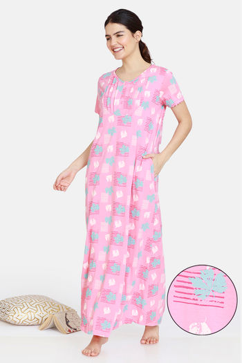 Zivame Colored Twigs Cotton Full Length Nightdress Pink Ice